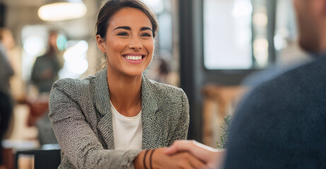 Business meeting in a cozy cafe with a woman smiling and shaking hands during a discussion