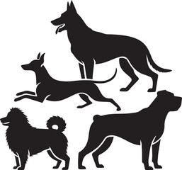 Set of Black Dog Silhouettes in Various Poses and Breeds