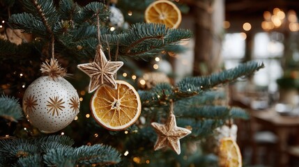 Dried orange slice and natural ornaments hanging on Christmas tree with warm lights