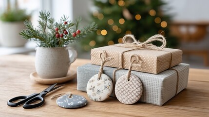 DIY floral fabric Christmas ornaments with twine bows on a white table in cozy festive setting