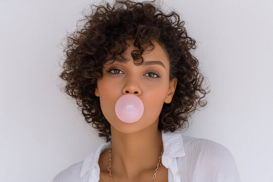 Young woman with curly hair blowing bubble gum against a plain background in bright lighting