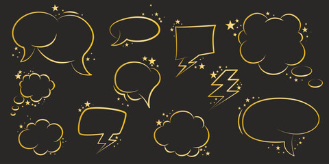 Set of golden speech bubbles and shapes with stars. Shining frames for speech, thoughts, and ideas. Glittery festive comic shapes for text, vector elements