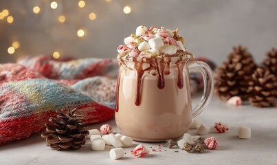 Festive mug of hot chocolate with marshmallows and holiday decor