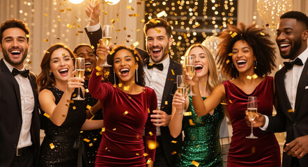 A diverse group of happy friends celebrating with champagne at a party. Young people toasting under falling golden confetti on New Year's Eve