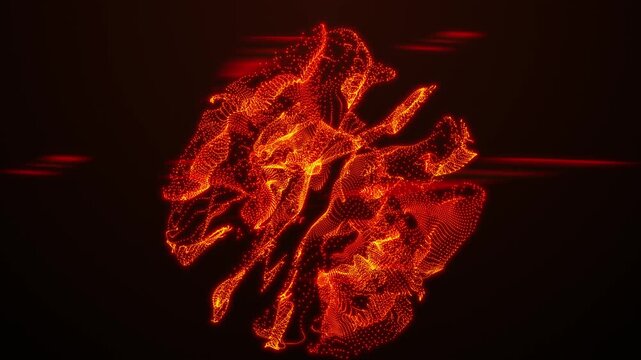 Abstract 3D animation of glowing orange particles forming fluid, swirling shapes on a dark background. Dynamic fiery motion energy, heat, and digital plasma.