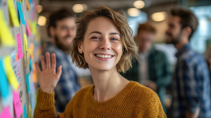 Group collaboration showcases creativity and teamwork in a bright office environment during a brainstorming session