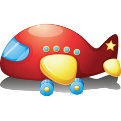 Red cartoon airplane with yellow accents and blue windows toy isolated on white background with shadow