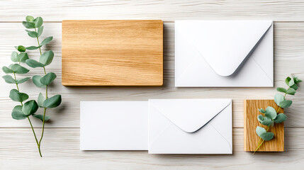 Helle, natürliche Schreibtischszenen mit klaren Mockups für Notizbücher, Karten, Poster und digitale Geräte. Sanftes Tageslicht, neutrale Farben und dezente Deko schaffen