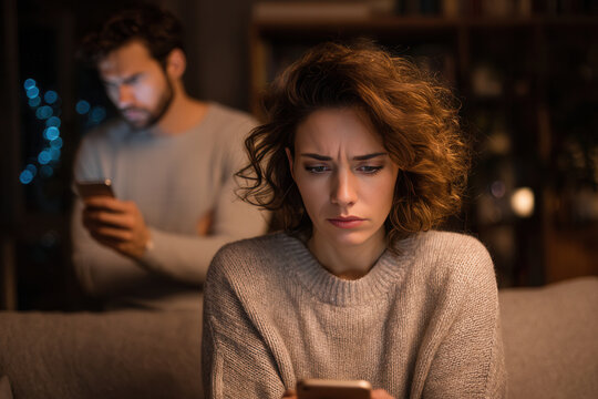 Couple experiencing emotional disconnect while using smartphones at home in evening light