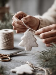 DIY felt Christmas tree decoration handmade with twine on wooden craft table