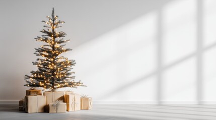 Minimalist Christmas Tree with Lights and Wrapped Gifts in Bright Modern Room