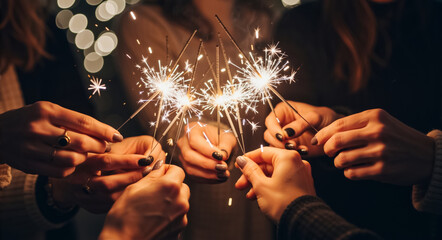 A group of friends holding burning sparklers at a night party. People celebrating a festive holiday like New Year's Eve or Christmas. Hands with fireworks against a bokeh background