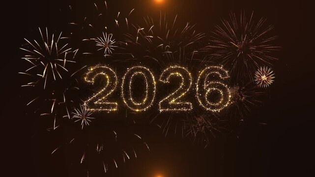 Sparkling New Year Eve scene golden frames lights creating Fireworks joyful welcome 2026 style year year's fireworks background night greeting card text happy New Year Greetings, Social Media Wishes,