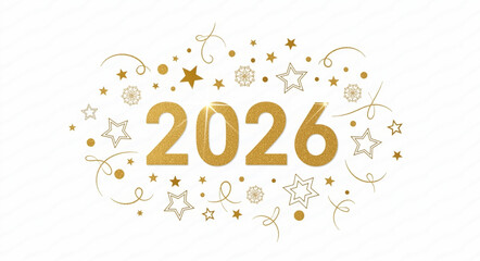 Happy New Year 2026 golden glitter typography. Festive celebration background with stars, snowflakes, and confetti. Holiday greeting card or banner design