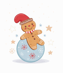Cute gingerbread man in a Santa hat sitting on a blue Christmas ornament with festive snowflakes and stars. A playful holiday design perfect for cheerful seasonal projects.