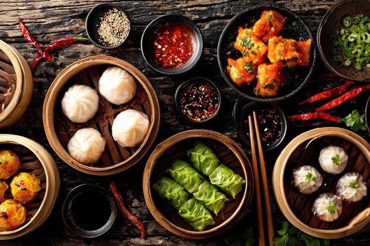 Overhead view of a table set with various Asian dishes like dumplings & spring rolls - Powered by Adobe