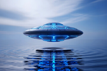Futuristic alien spaceship hovering over rippling water with blue lights