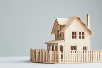 A charming wooden miniature house surrounded by a picket fence, representing home, warmth, and nostalgia in a delightful and artistic representation of coziness.