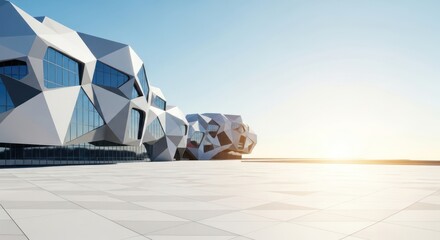 Futuristic architectural design with geometric patterns under a clear blue sky