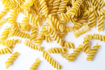 A delightful arrangement of raw fusilli pasta spirals on a clean white background, symbolizing the joys of cooking and the diversity of Italian cuisine aesthetics.