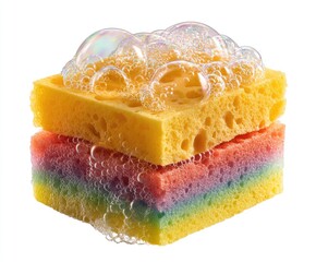 Stacked sponges, yellow and rainbow colored, topped with bubbles