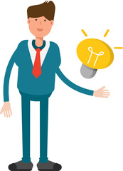 Businessman in Green Suit Character and Light Bulb
