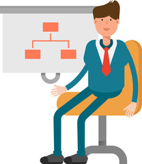 Businessman in Green Suit Character Presenting Organization Chart

