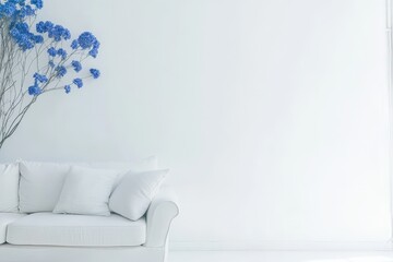 A bright and airy modern living room featuring a sleek white couch, soft blue flowers, and a luminous atmosphere that conveys serenity and contemporary design aesthetics.