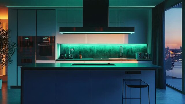 Modern kitchen interior with futuristic design and vibrant neon lighting