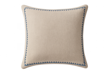 Beige decorative throw pillow with blue trim