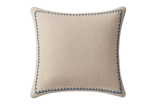 Beige decorative throw pillow with blue trim