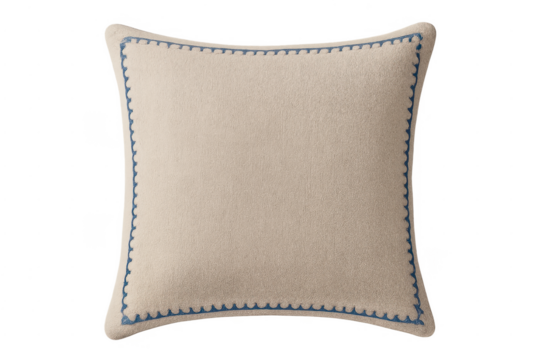 Beige decorative throw pillow with blue trim
