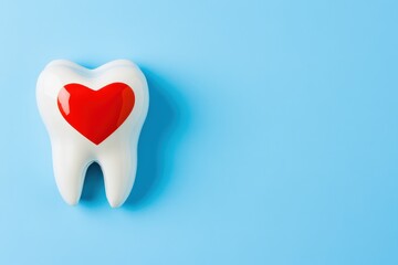This playful image depicts a tooth emblem adorned with a heart, on a pastel blue backdrop, symbolizing dental health combined with love and care for beautiful smiles.