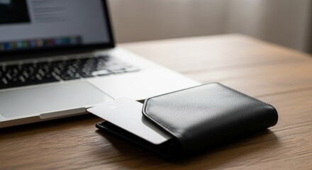 Laptop and Wallet on Wooden Desk - Financial Technology Concept.