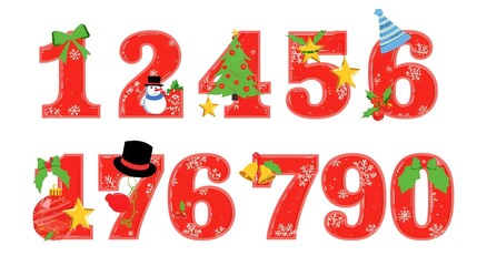 Naklejka premium A set number 0 to 9 Christmas theme in red color with green Christmas trees, snowflakes and snow, decorated by ribbon, snowman, party hat, ornament and bells. Transparent background. 
