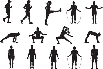 Fitness silhouette set, exercise poses, physical training, active lifestyle, workout movement, body strength, health activity, gym routine, dynamic motion, black figures, sports form, stretching, 