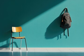 A minimalist workspace scene featuring a wooden chair against a teal wall, complemented by a stylish black backpack hanging, creating a modern and functional atmosphere.