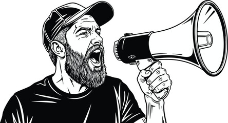 Man with beard and cap shouting into megaphone illustration