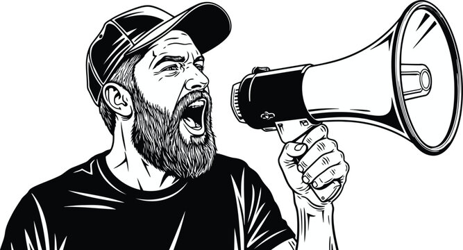 Man with beard and cap shouting into megaphone illustration