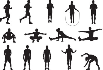 Fitness exercise silhouette set, workout poses, physical training, active lifestyle, gym movement, body strength, health activity, black figures, sports routine, stretching, jumping, running, 