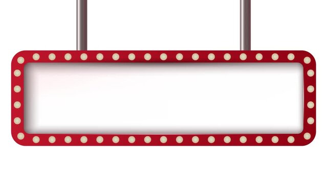 Hanging blank red long sign banner or retro billboard display box with neon light bulbs	