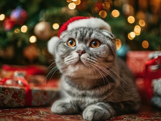 A cat wearing a santa hat sitting on a red blanket