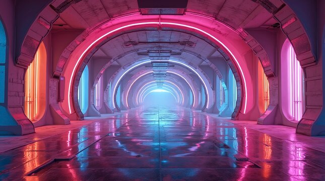 Futuristic tunnel like architectural interior with arched ceilings and reflective surfaces with glowing neon lights and dynamic perspective for Sci-Fi theme, AI generated