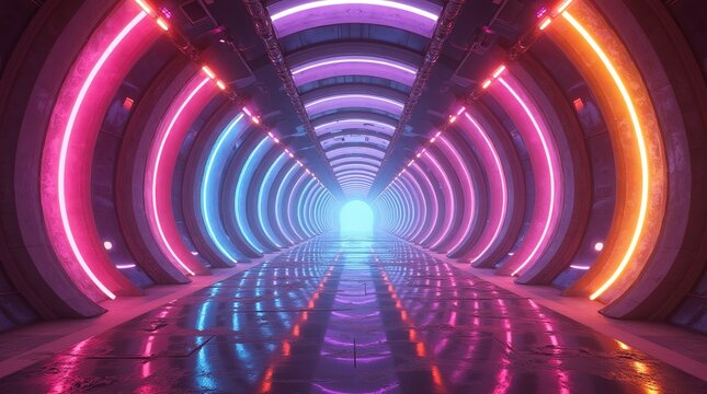 Futuristic tunnel like architectural interior with arched ceilings and reflective surfaces with glowing neon lights and dynamic perspective for Sci-Fi theme, AI generated - Powered by Adobe