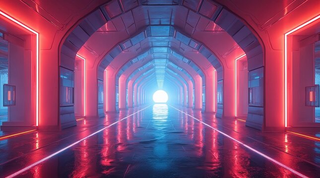 Futuristic tunnel like architectural interior with arched ceilings and reflective surfaces with glowing neon lights and dynamic perspective for Sci-Fi theme, AI generated