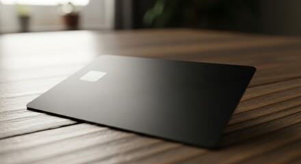 Sleek Black Card on Wooden Surface - Minimalist Financial Concept.
