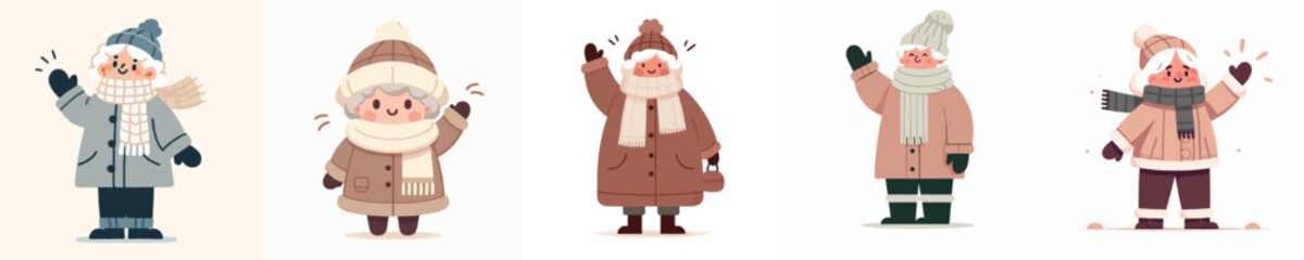 vector grandmother waving hand in thick winter clothes