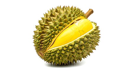Durian fruit with spiky rind and yellow flesh
