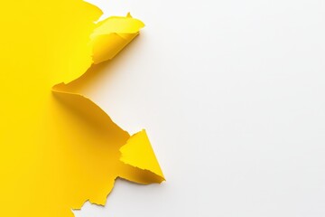 This image showcases a unique piece of yellow torn paper against a pristine white background, emphasizing texture and color contrast in a striking visual representation.