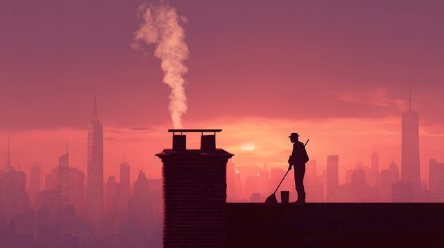 Chimney sweep standing on a rooftop at sunset, working near a smoking chimney with a city skyline in the background.